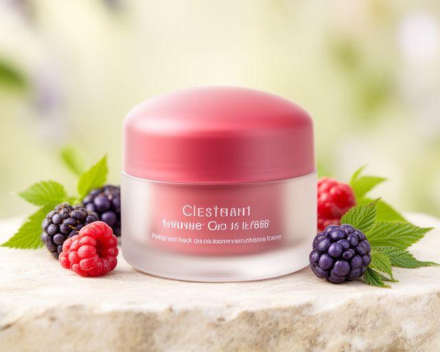 Lippenpflege-Dose mit Beeren und zarten Blättern auf hellem Stein