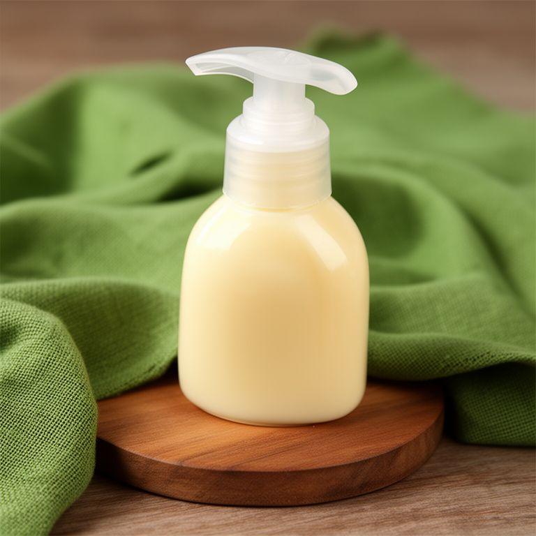 Pflegende Handlotion mit weicher Textur in einer hellen Pumpspenderflasche auf grünem Stoff und Holzunterlage