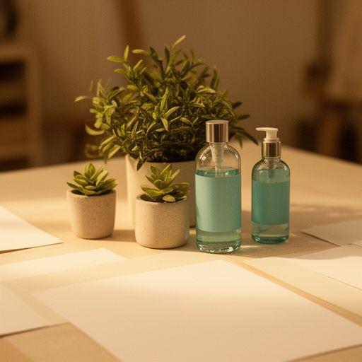 Beraterin in einem ruhigen Atelier mit Glasflaschen, Dokumenten und Pflanzen im warmen Zürcher Licht