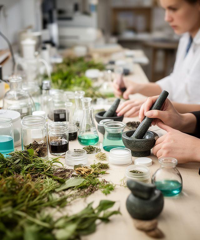 Produktentwicklerin Mara überprüft Pflanzenextrakte und Etiketten an einem grossen Werktisch mit Naturmaterialien