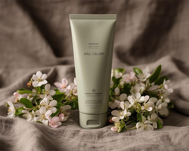 Handcreme-Tube und handverlesene Blüten auf einem ruhigen Naturtuch