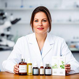 Hautexpertin Noemi mit weissen Laborkitteln und natürlichen Pflegeprodukten auf einem Holztisch