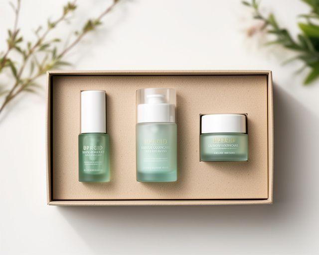 Geschenkset mit drei Pflegeprodukten, ordentlich arrangiert in einer nachhaltigen Box