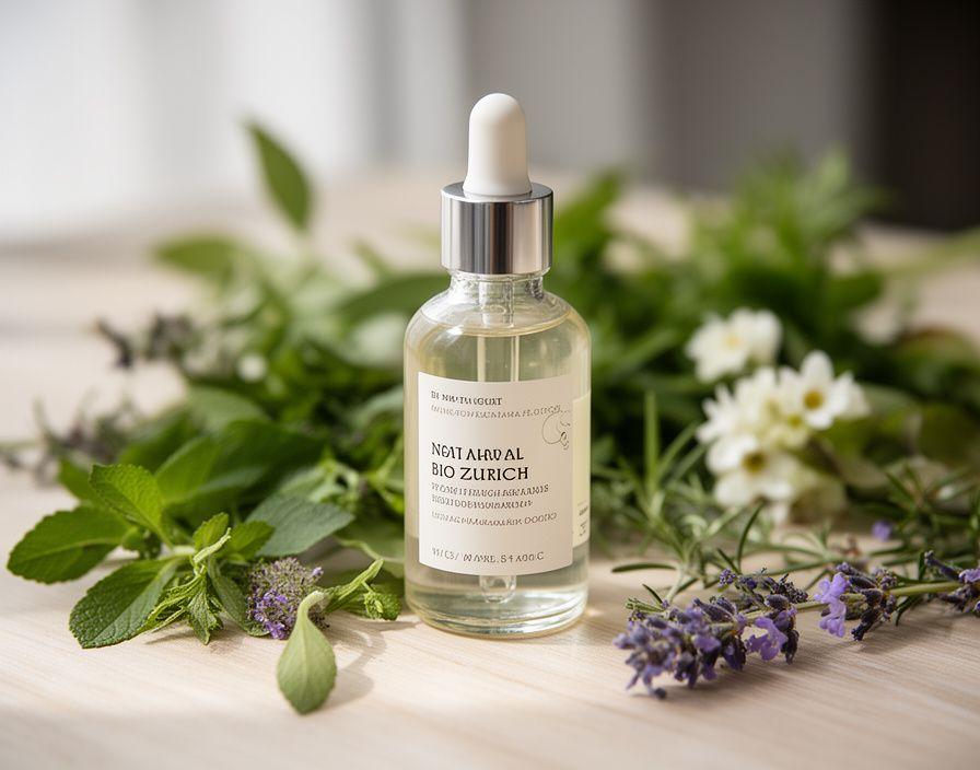 Handgefertigtes Bio-Serum auf einem hellen Holztisch mit Glasflakon, Kräutern und sanftem Tageslicht in Zürich