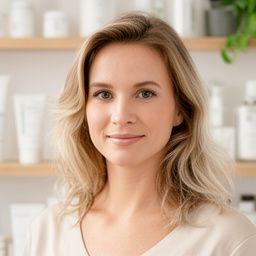 Hautexpertin Amelie in einem hellen Atelier mit Regalen voller Naturkosmetik