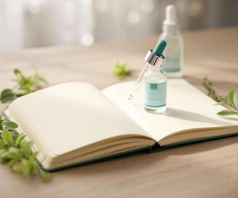 Beruhigte Hautpflege-Szene mit Notizbuch, Glasflasche und botanischen Details auf einem hellen Holztisch in Zürich