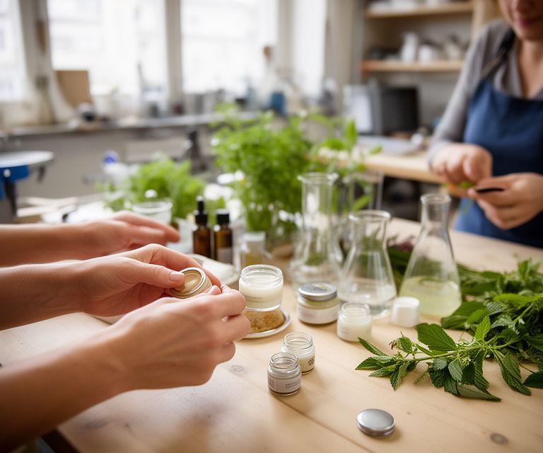 Team bei der Herstellung von organischer Hautpflege in einem hellen Zürcher Atelier mit Pflanzen und Glasgefässen
